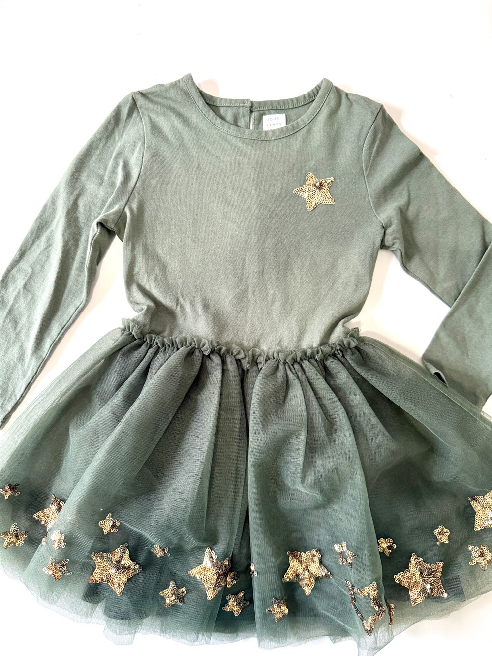 Kids Olive Green Star Embellished Tulle Dress